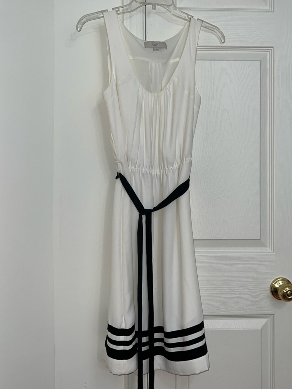 LOFT White Knee Length Dress with Black Stripes and Tie Detail